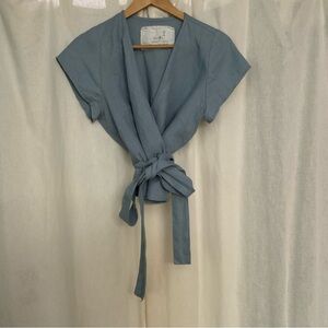 notPERFECTLINEN Linen wrap top MADRID, Swedish Blue, M, cross front, cap sleeves